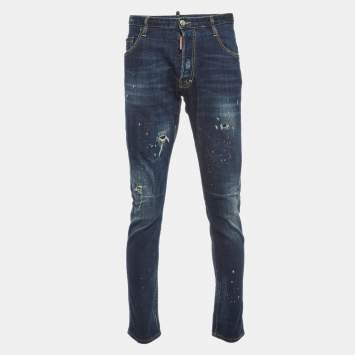 Pre Owned Dsquared2 Blue Logo Applique Denim Distressed Jeans XL Waist 34''