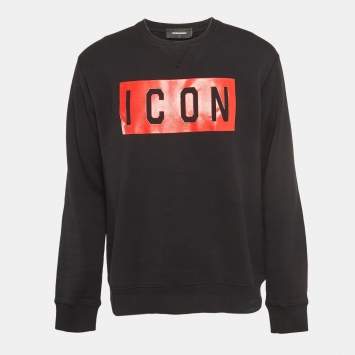Pre Owned Dsquared2 Black Icon Print Cotton Crew Neck Sweatshirt L