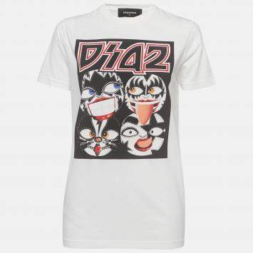 Pre Owned Dsquared2 White Kiss Band Print Cotton Half Sleeve T-Shirt M