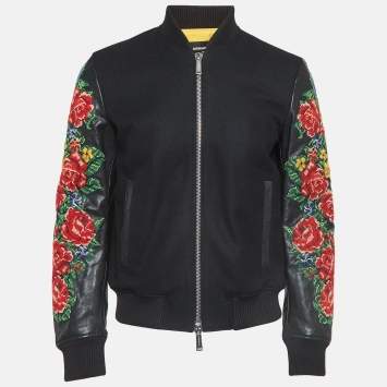 Pre Owned Dsquared2 Black Floral Embroidered Leather and Wool Bomber Jacket S