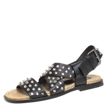 Pre Owned Dsquared2 Black Spiked Leather Cross Ankle Strap Espadrille Flats Size 41