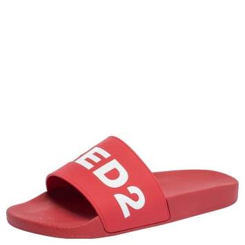 Pre Owned Dsquared2 Red Rubber Dune Logo Pool Slide Sandals Size 43