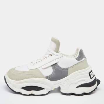 Pre Owned Dsqaured2 White/Grey Fabric And Suede Lace Up Chunky  Sneakers Size 42 