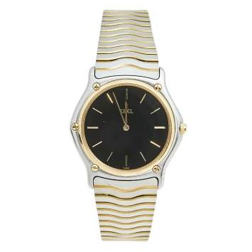 Pre Owned Ebel Black 18k Yellow Gold Stainless Steel Classic Wave 181903 Men's Wristwatch 36 mm