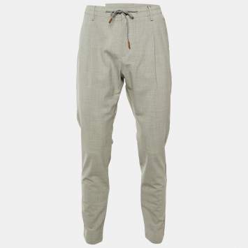 Pre Owned بنطلون إليفنتي صوف مخطط رمادي بثنيات مقاس كبير/خصر 34 بوصة