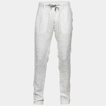 Pre Owned Eleventy White Linen Milano Drawstring Waist Pants L