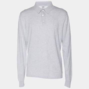 Pre Owned Eleventy Grey Knit Button Full Sleeve Polo T-Shirt L