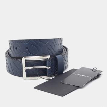 Pre Owned Emporio Armani Navy Blue Logo Embossed Leather Tongue Buckle Belt 105CM