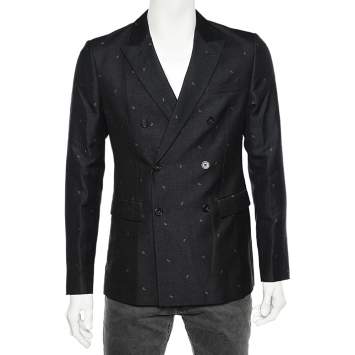 Pre Owned Emporio Armani Black Printed Wool Double Breasted Blazer M