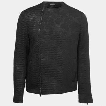 Pre Owned Emporio Armani Black Printed Textured Synthetic Zip-Up Jacket XL