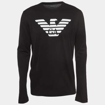 Pre Owned Emporio Armani Black Logo Print Pima Cotton Long Sleeve T-Shirt XXXL