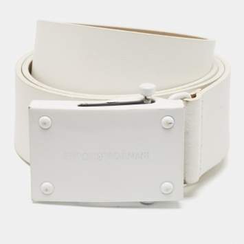 Pre Owned Emporio Armani White Leather Cut to Size Logo Buckle Belt