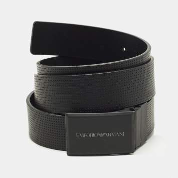 Pre Owned Emporio Armani Logo Plague Buckle Cut to Size Black Perforated Leather
