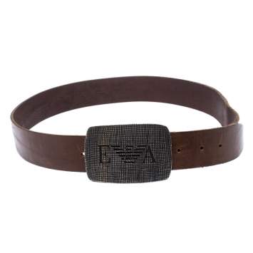 Pre Owned Emporio Armani Brown Leather Logo Buckle Belt 130CM