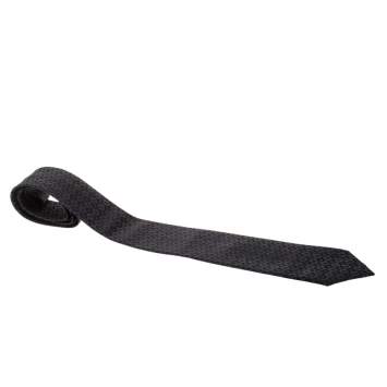 Pre Owned Emporio Armani Black & Grey Logo Embroidered Silk Tie