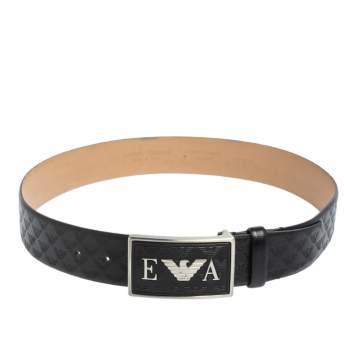 Pre Owned Emporio Armani Black Monogram Leather Buckle Belt Size 48