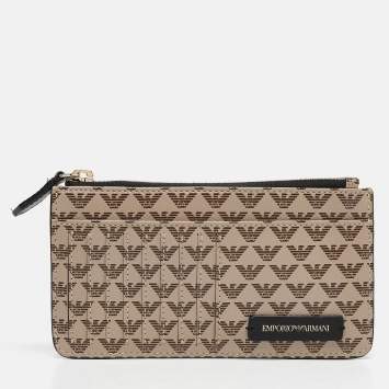 Pre Owned Emporio Armani Beige Signature Leather and PVC Zip Card Holder