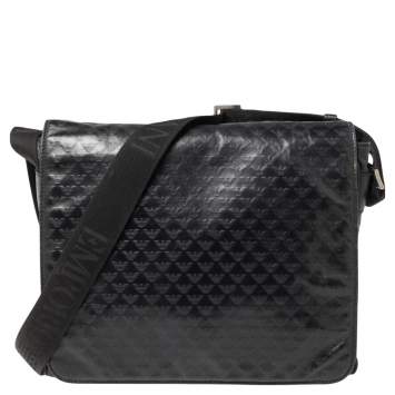 Pre Owned Emporio Armani Black Logo Embossed Leather Messenger Bag 