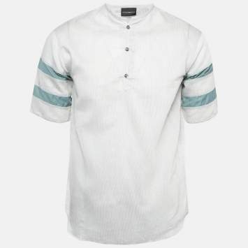 Pre Owned Emporio Armani Grey Striped Cotton Half Placket Shirt M