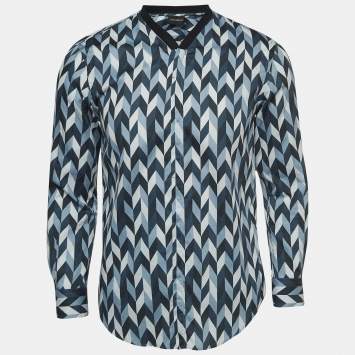 Pre Owned Emporio Armani Blue Geometric Pattern Poplin Shirt S