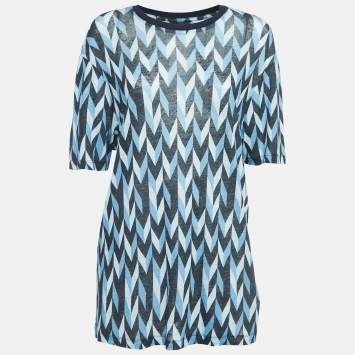 Pre Owned Emporio Armani Blue Printed Linen Knit Crew Neck T-Shirt S