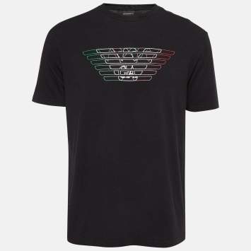 Pre Owned Emporio Armani Black Logo Print Cotton T-Shirt XXL