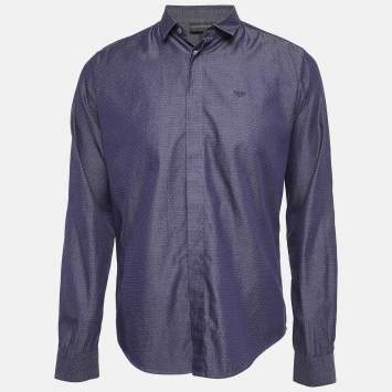 Pre Owned Emporio Armani Blue Dotted Cotton Button Up Slim Fit Shirt L