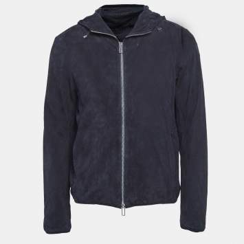 Pre Owned Emporio Armani Navy Blue Perforate Suede Hooded Jacket L