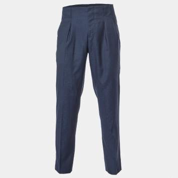 Pre Owned Emporio Armani Navy Blue Patterned Wool Pleated Trousers M