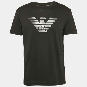 Pre Owned Emporio Armani Black Logo Print Cotton Crew Neck T-Shirt XL