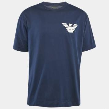 Pre Owned Emporio Armani Navy Blue Logo Applique Jersey T-Shirt XXL