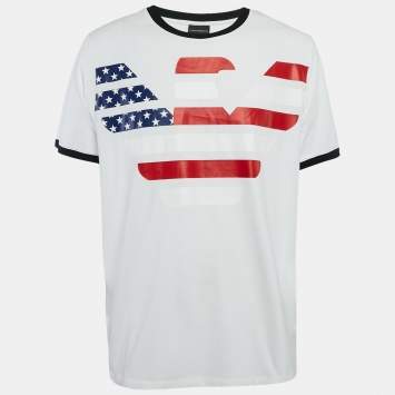 Pre Owned Emporio Armani White Logo Printed Cotton Crew Neck T-Shirt XXL