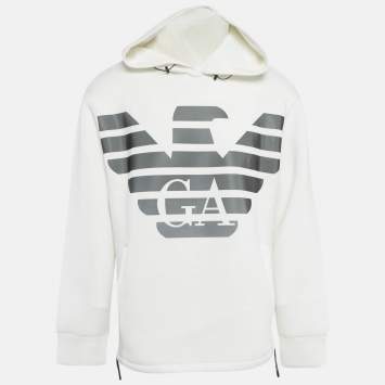 Pre Owned Emporio Armani White Eagle Logo Print Neoprene Hoodie XL