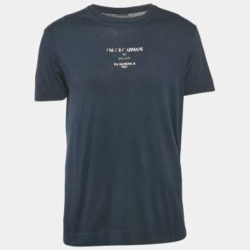 Pre Owned Emporio Armani Navy Blue Printed Cotton Crew Neck T-Shirt L