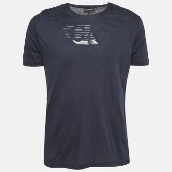 Pre Owned Emporio Armani Logo Print Navy Blue Cotton Round Neck T-Shirt XL