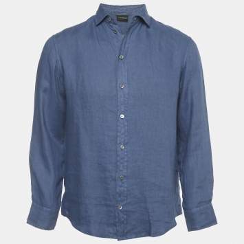 Pre Owned Emporio Armani Blue Linen Full Sleeve Shirt S