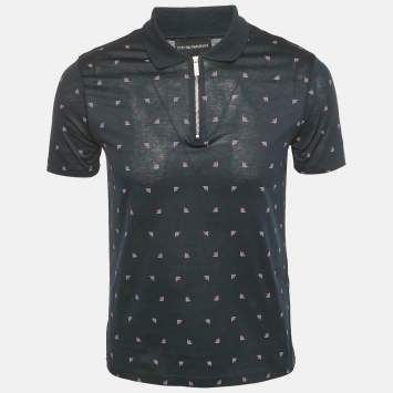 Emporio Armani Navy Blue Logo Print Cotton Zip -Up Polo T-Shirt S