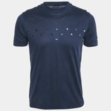 Pre Owned Emporio Armani Navy Blue Logo Embroidered Cotton Crewneck T-Shirt S
