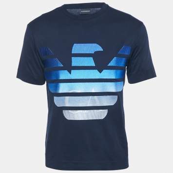 Pre Owned Emporio Armani Navy Blue Logo Embroidery Cotton Crew Neck T-Shirt S