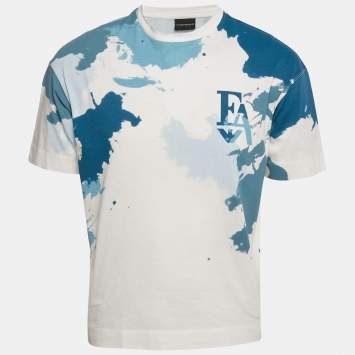 Pre Owned Emporio Armani White/Blue Printed Jersey Crewneck T-Shirt S