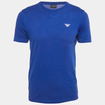 Pre Owned Emporio Armani Blue Logo Embroidered Jersey Crewneck T-Shirt S