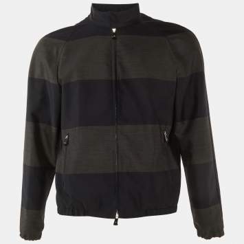 Pre Owned Emporio Armani Black Striped Wool & Cotton Zip Up Jacket L