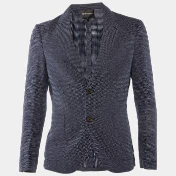 Pre Owned Emporio Armani Navy Blue Square Pattern Cotton Button Front Jacket M