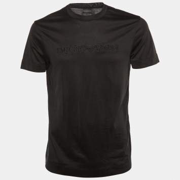 Pre Owned Emporio Armani Black Logo Embroidered Jersey Crew Neck T-Shirt L