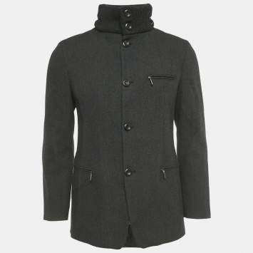 مملوكة مسبقًا Emporio Armani Grey Wool & Cotton Concealed Hood Coat M 