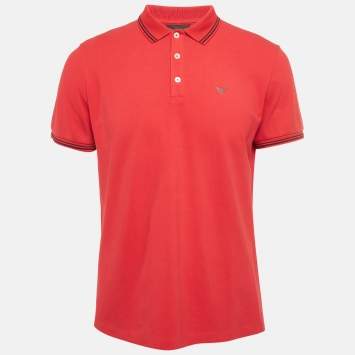 Pre Owned Emporio Armani Red Logo Print Pique Polo T-Shirt L