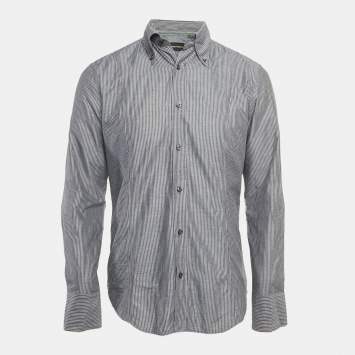 Pre Owned Emporio Armani Dark Grey Striped Cotton Button Front Shirt S