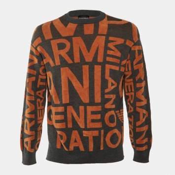 Pre Owned Emporio Armani Grey/Orange All Over Logo Knit Sweatshirt M