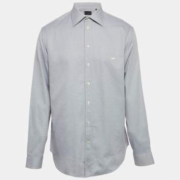 مملوكة مسبقًا قميص أمبريو أرماني بأكمام طويلة من القطن الأزرق مقاس كبير جداً جداً جداً (اككس اككس اككس لارج)