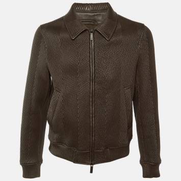 Pre Owned سترة جلد مبطن بسحاب أمامي بني إمبريو أرماني مقاس وسط (ميديوم)